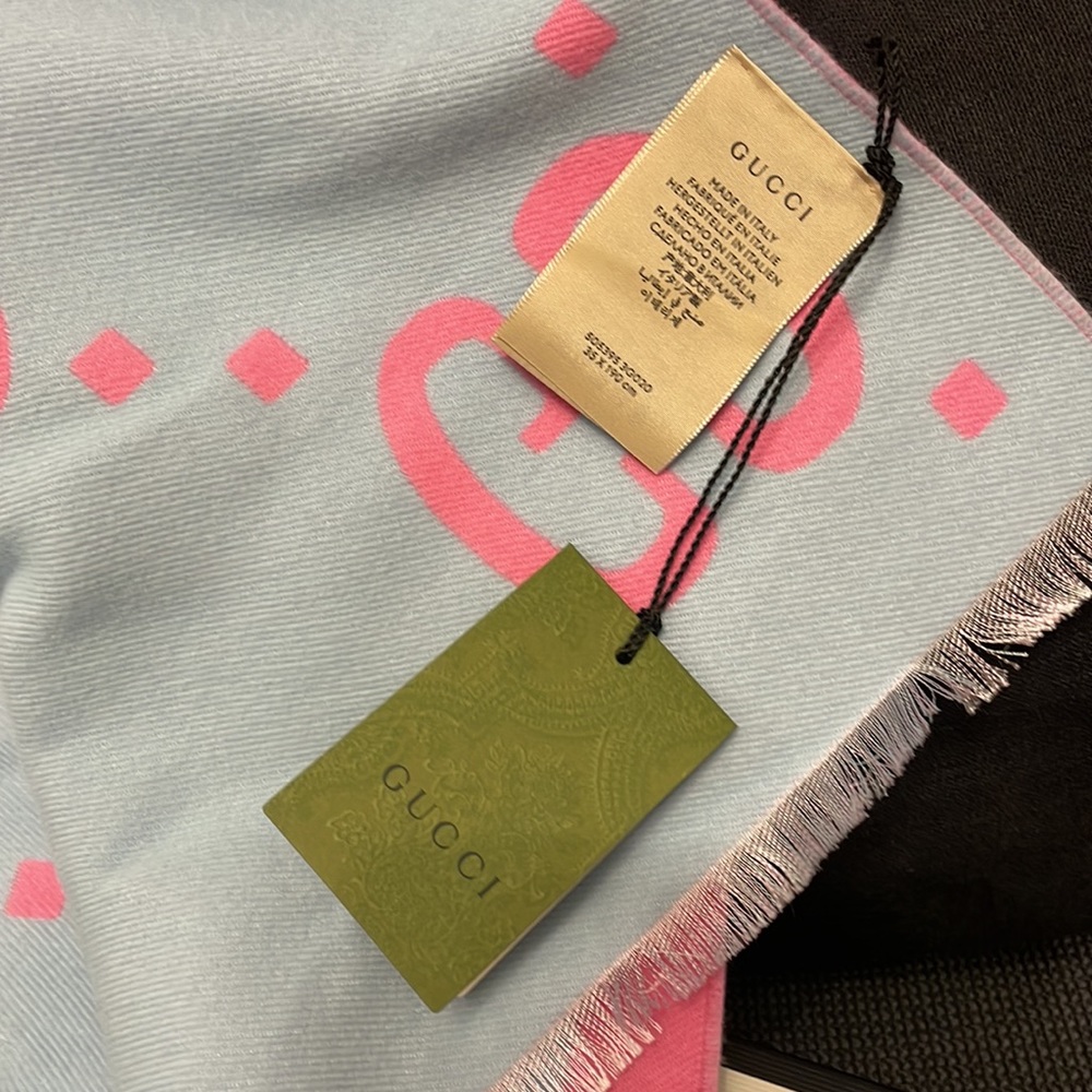Gucci Wool Silk Jacquard GG Monogram Scarf Light Pink Sky Blue - Picture 4 of 7